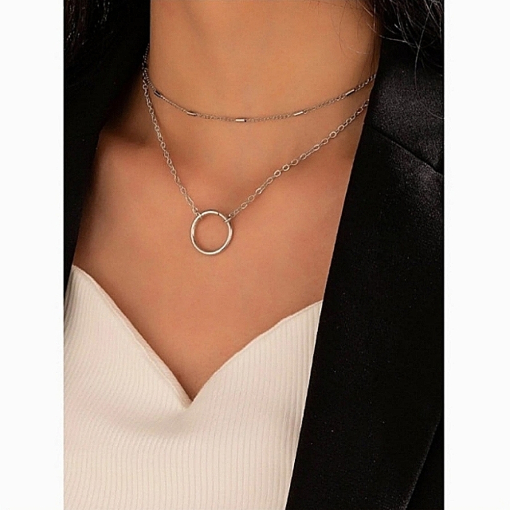 Anthropologie Layered Silver Chain Circle Necklace